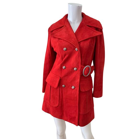 Vintage 1960's Joseph Magnin Red Suede Leather Mod Trench Coat Jacket Small